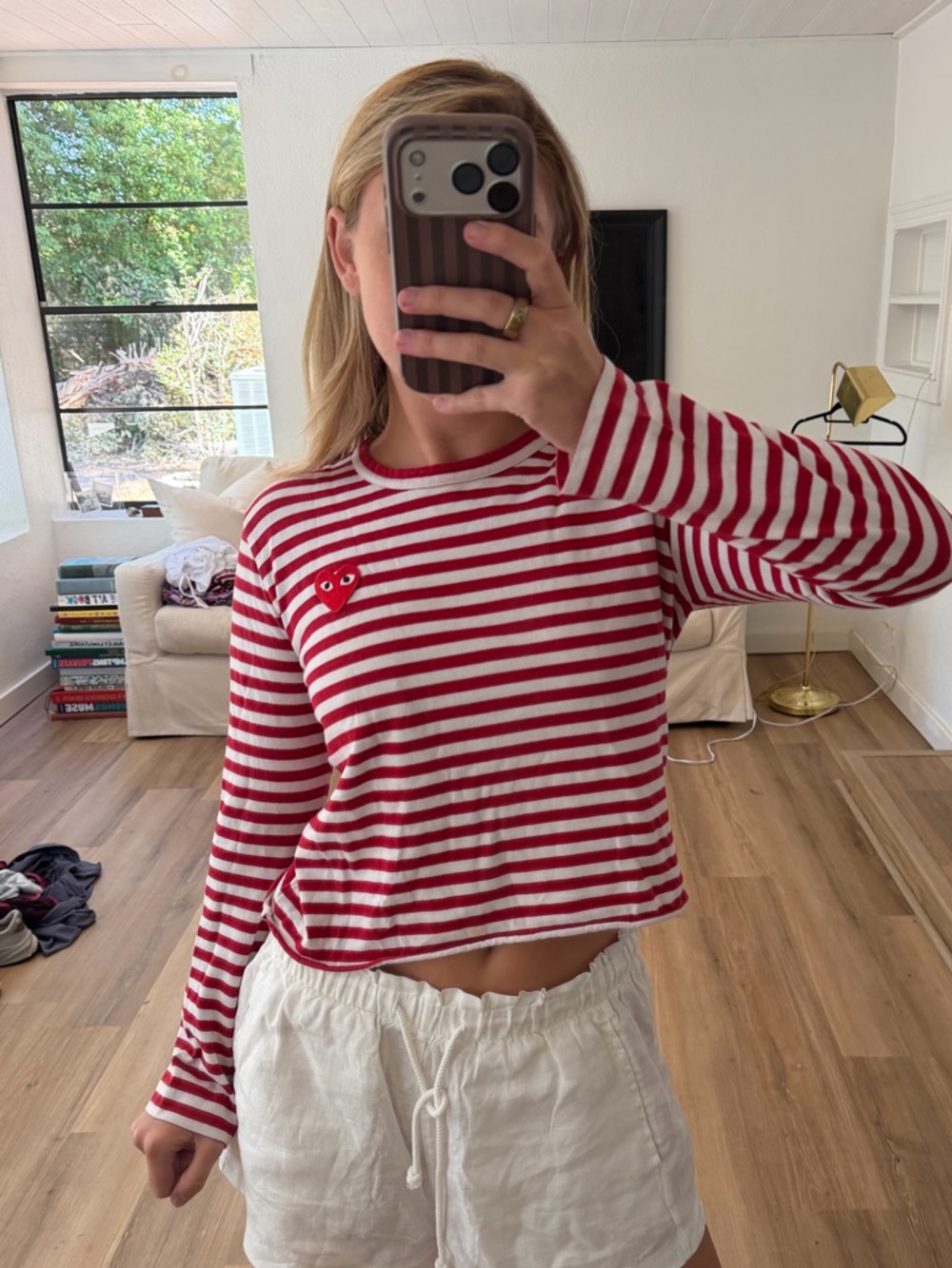 Comme des Garçons PLAY Red & White Striped Long-Sleeve Tee with Heart Patch